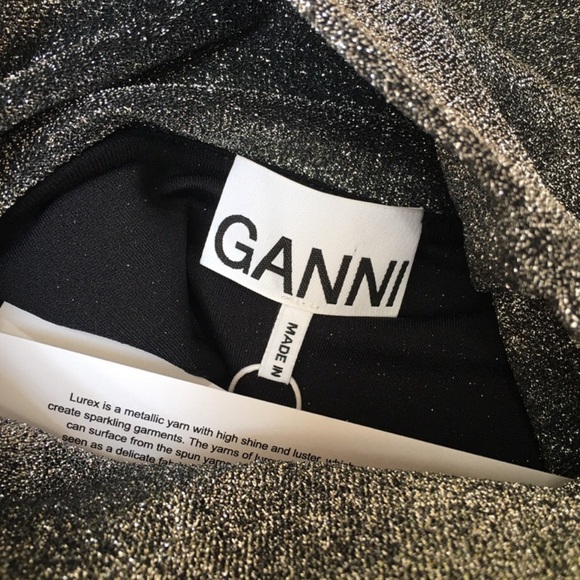 Ganni Lurex Jersey Silver Metallic Long Puff Sleeve Turtleneck Jumper Top - Picture 8 of 10